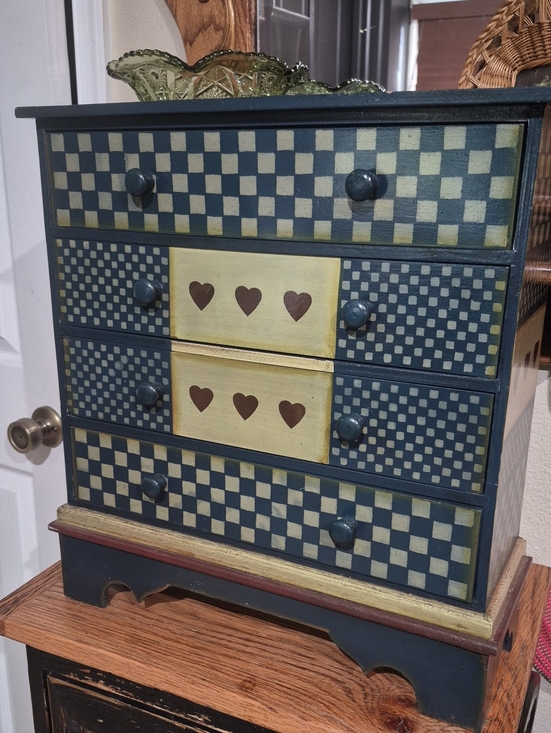 Other - Vintage Country Folk Art Mini Chest–Hand-Painted Checkered & Heart Accent Drawer
